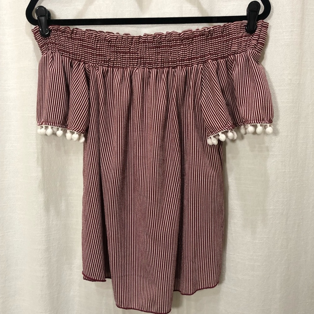 PAPAYA red and white pom pom sleeves off the shoulder